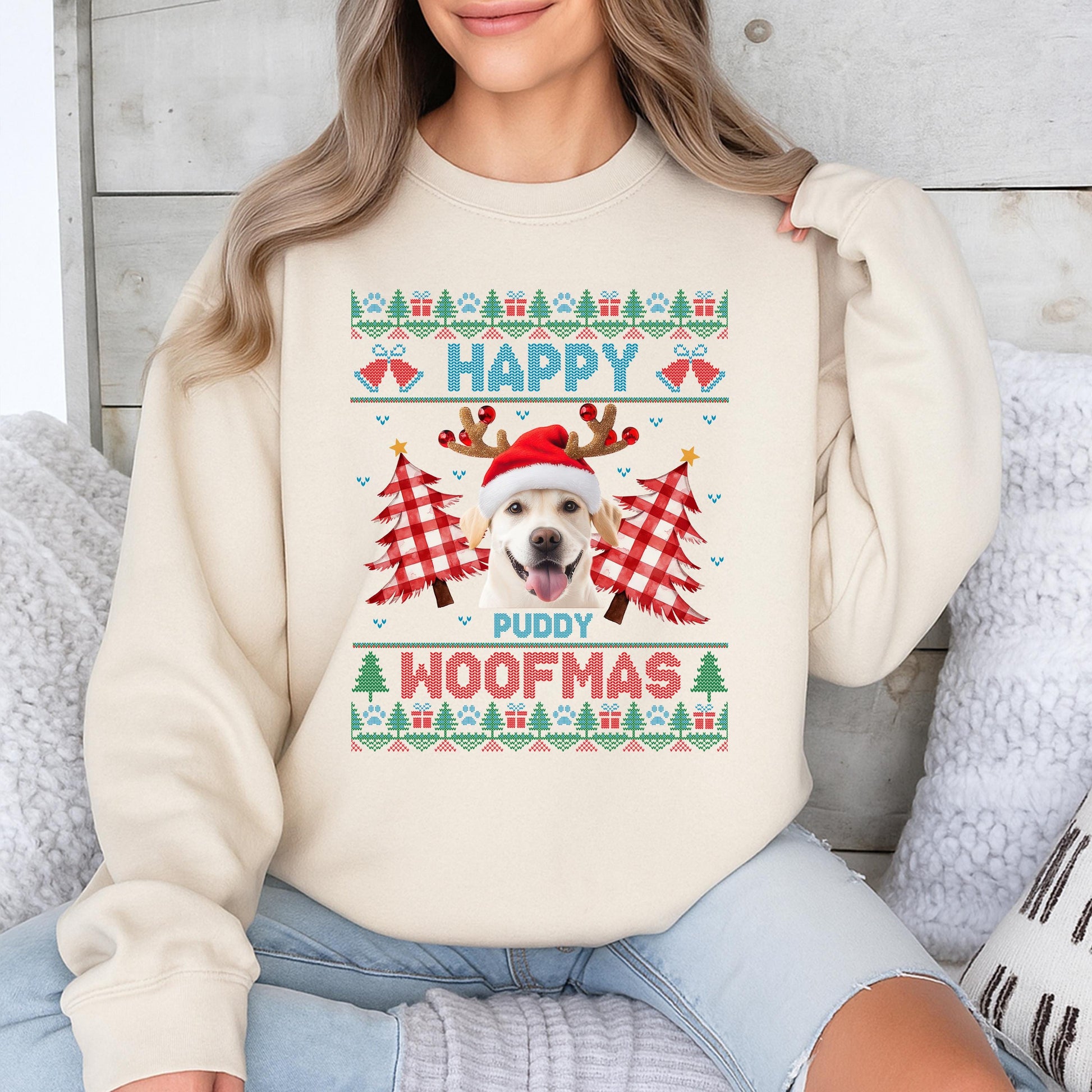 Custom Dog Photo Ugly Christmas Sweatshirt, Merry Woofmas Golden Retriever Sweater, Funny Dog Mom Gift, Holiday Pet Outfit, Xmas Dog Clothing 139 chars