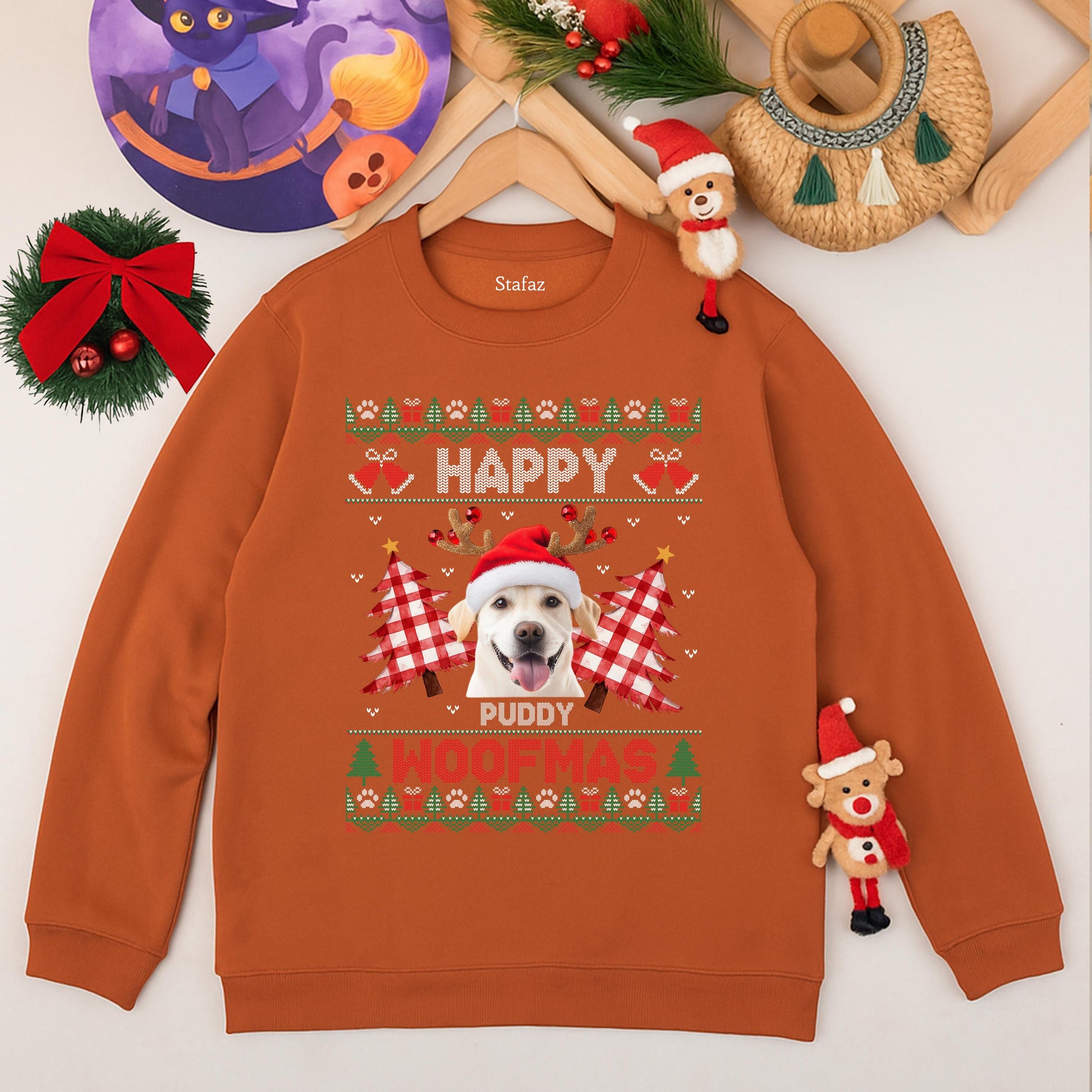 Custom Dog Photo Ugly Christmas Sweatshirt, Merry Woofmas Golden Retriever Sweater, Funny Dog Mom Gift, Holiday Pet Outfit, Xmas Dog Clothing 139 chars