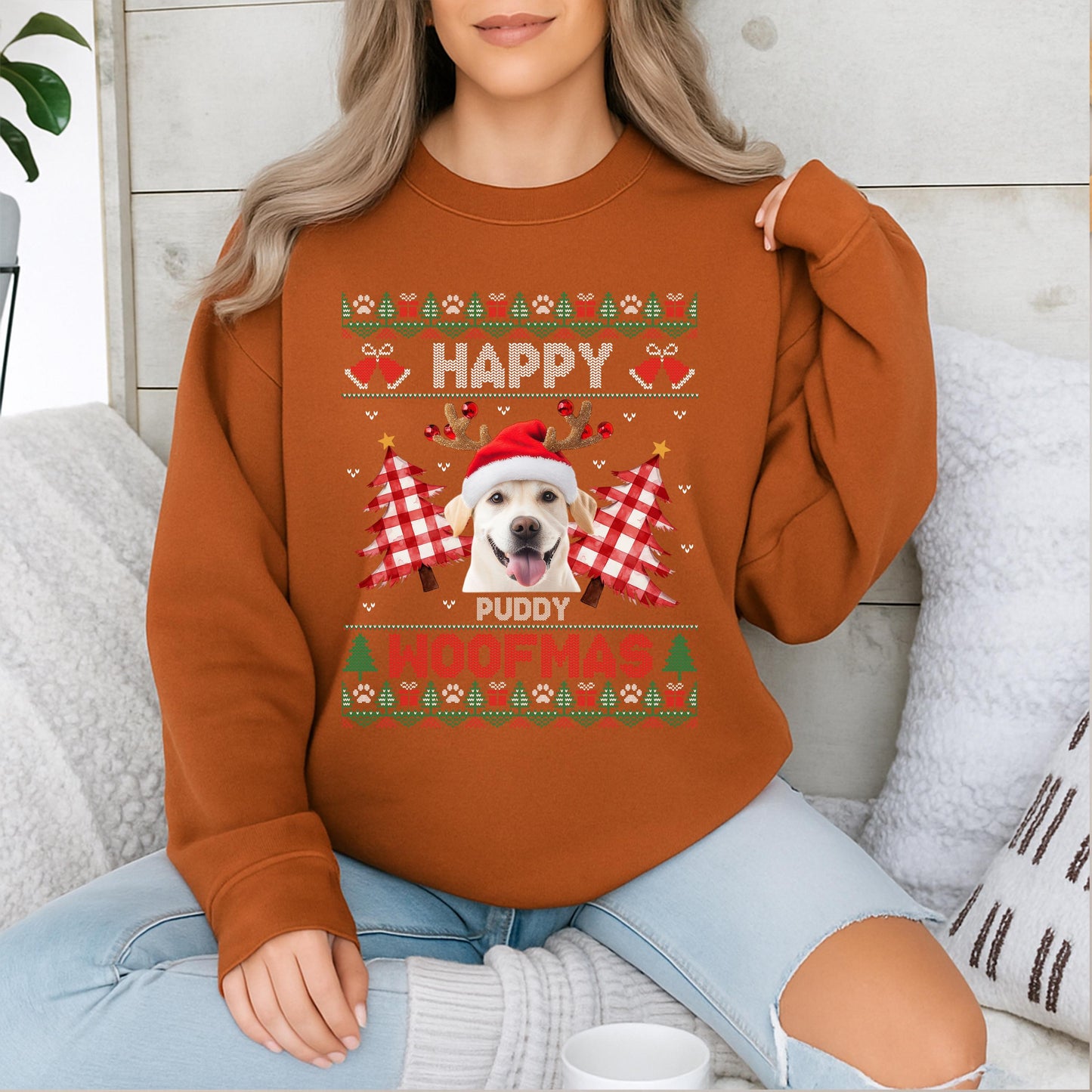 Custom Dog Photo Ugly Christmas Sweatshirt, Merry Woofmas Golden Retriever Sweater, Funny Dog Mom Gift, Holiday Pet Outfit, Xmas Dog Clothing 139 chars