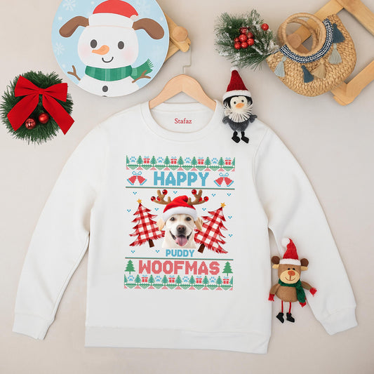 Custom Dog Photo Ugly Christmas Sweatshirt, Merry Woofmas Golden Retriever Sweater, Funny Dog Mom Gift, Holiday Pet Outfit, Xmas Dog Clothing 139 chars