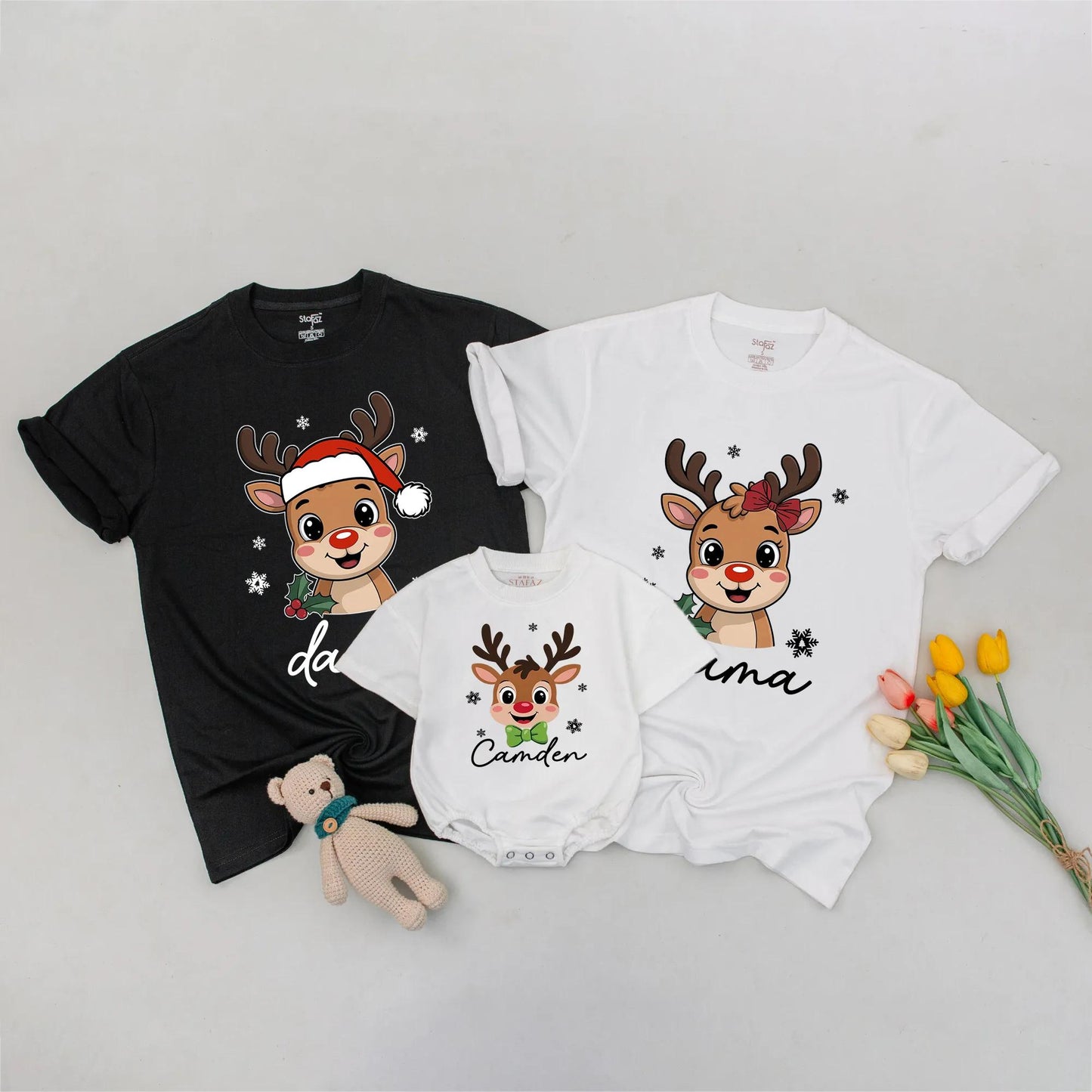Custom Reindeer Christmas Family Shirts for Kids & Toddlers: Santa Hat & Name Design, Matching Xmas Tee, Soft Cotton