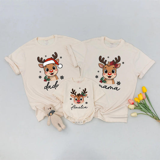 Custom Reindeer Christmas Family Shirts for Kids & Toddlers: Santa Hat & Name Design, Matching Xmas Tee, Soft Cotton