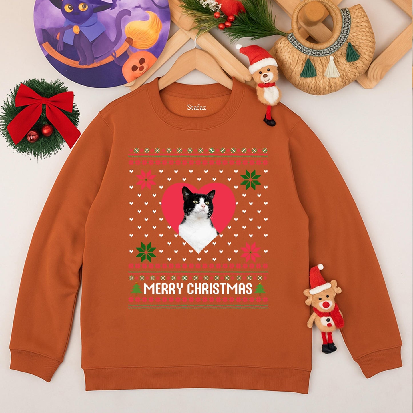 Custom Cat Photo Ugly Christmas Sweater Funny Pet Lover Holiday Sweatshirt Kitsch Snowflakes Merry Christmas Tree Graphic
