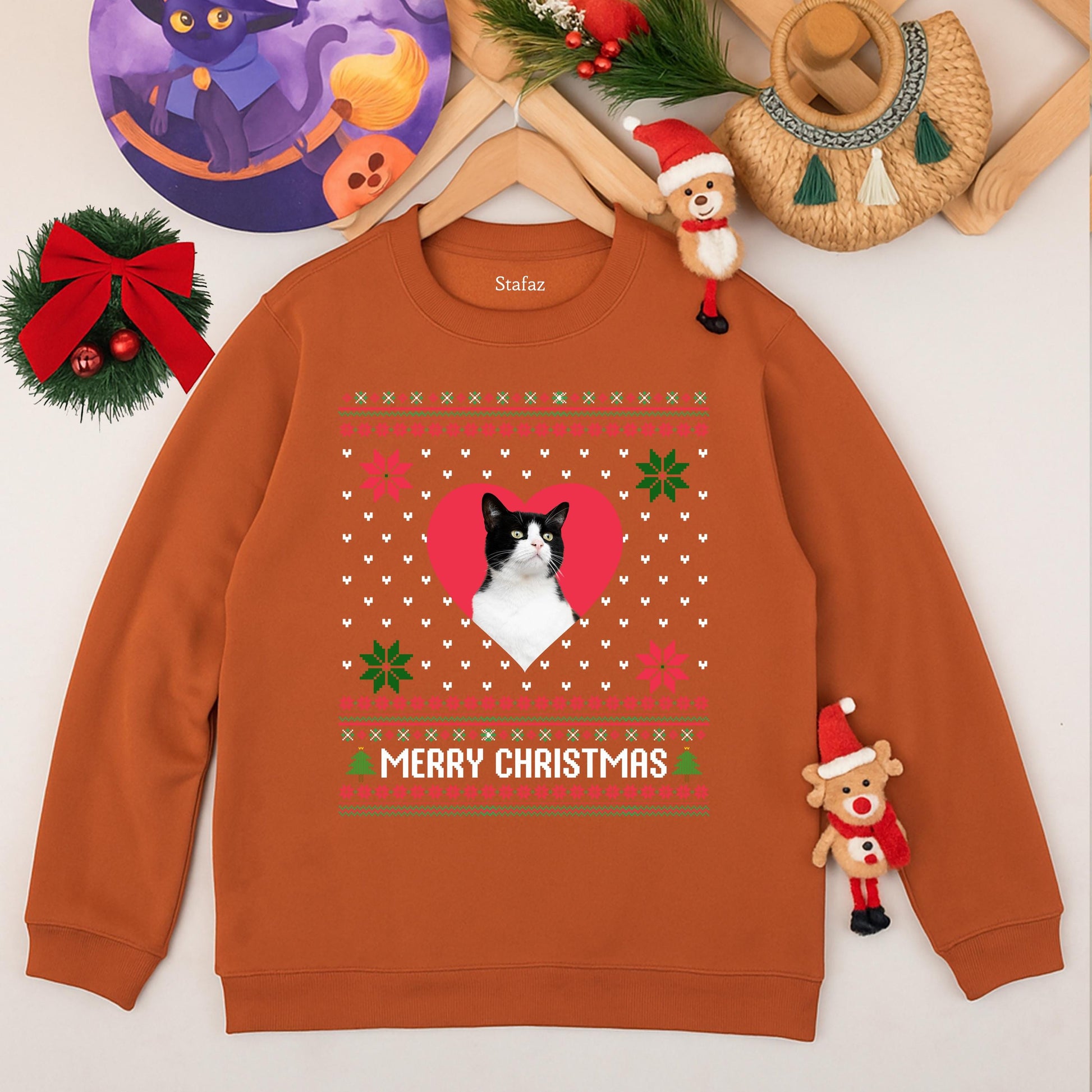 Custom Cat Photo Ugly Christmas Sweater Funny Pet Lover Holiday Sweatshirt Kitsch Snowflakes Merry Christmas Tree Graphic