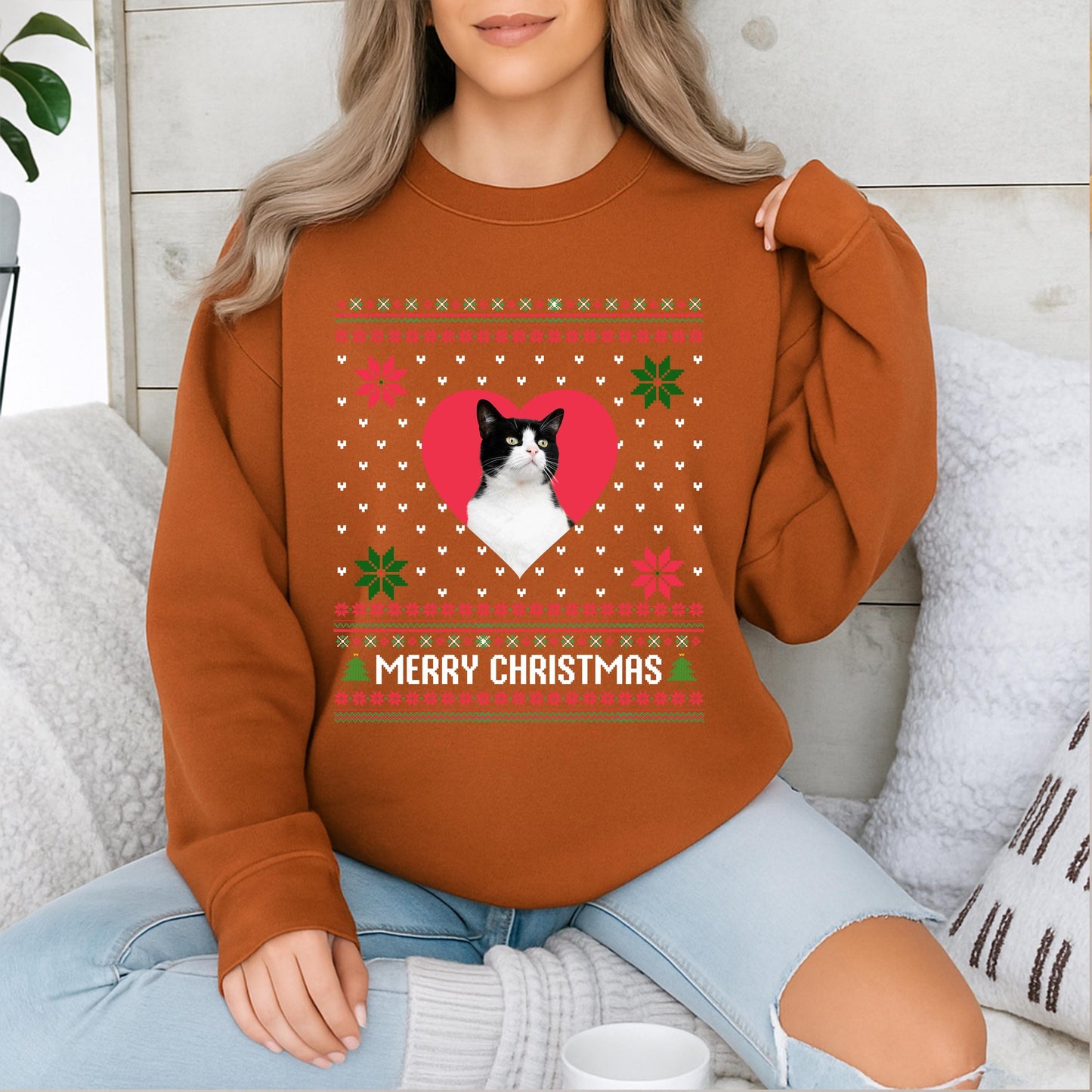 Custom Cat Photo Ugly Christmas Sweater Funny Pet Lover Holiday Sweatshirt Kitsch Snowflakes Merry Christmas Tree Graphic