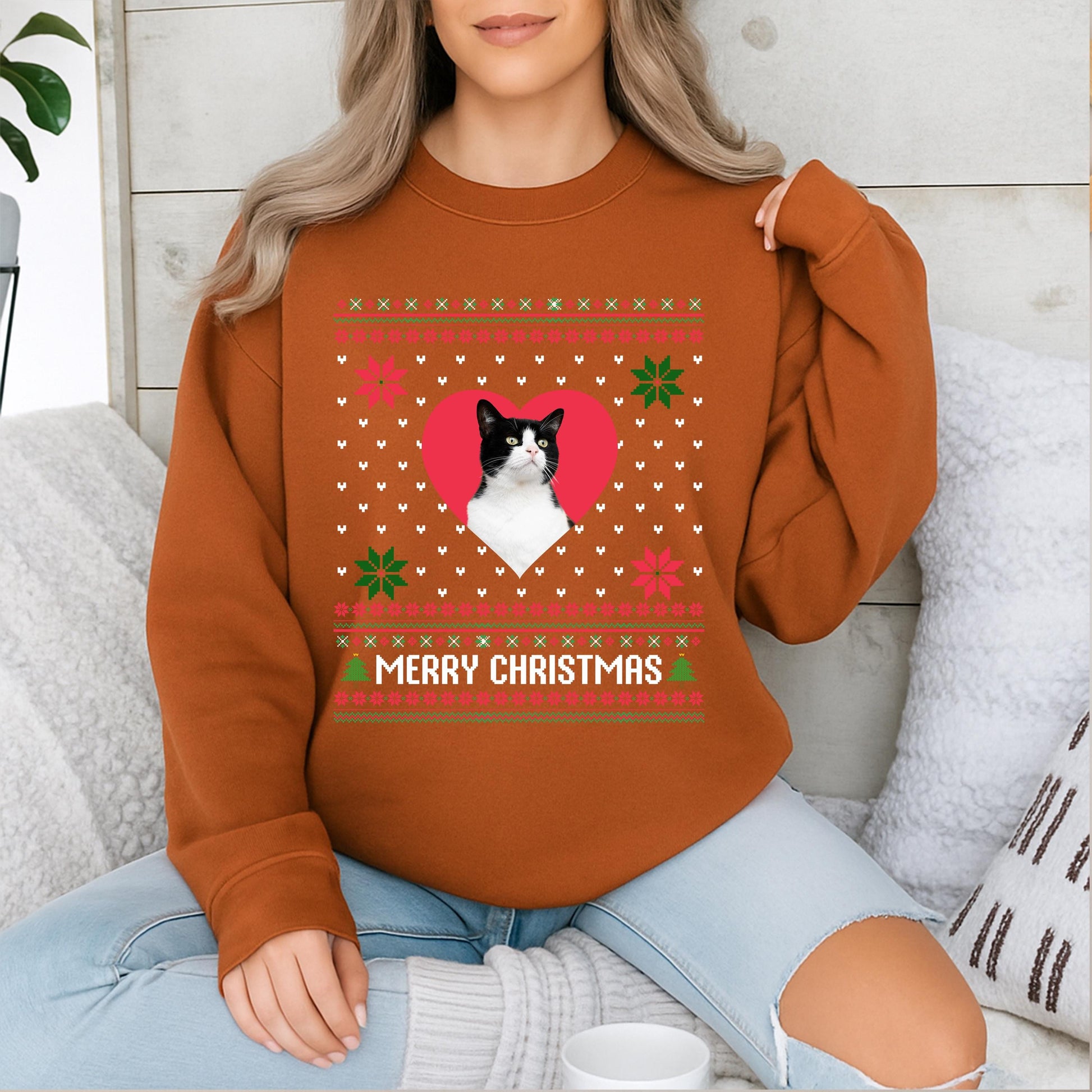 Custom Cat Photo Ugly Christmas Sweater Funny Pet Lover Holiday Sweatshirt Kitsch Snowflakes Merry Christmas Tree Graphic