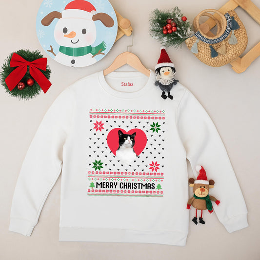 Custom Cat Photo Ugly Christmas Sweater Funny Pet Lover Holiday Sweatshirt Kitsch Snowflakes Merry Christmas Tree Graphic
