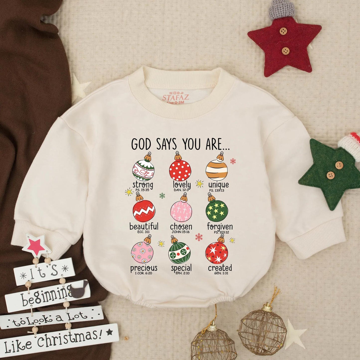 God Says You Are Christmas Baby Bubble Romper with Ornaments and Bible Verses Christian Infant Holiday Outfit Toddler First Christmas Gift