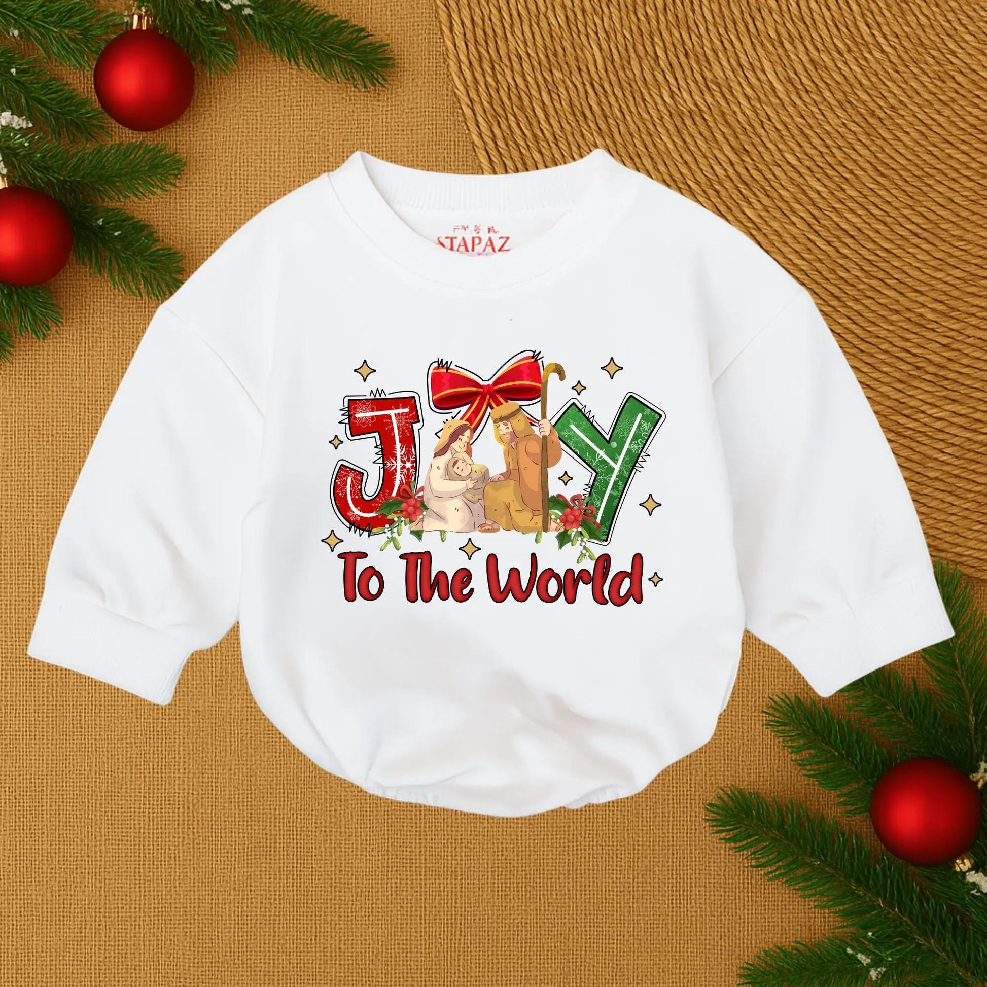 Christmas Joy To The World Sweatshirt Nativity Scene Christian Christmas Tee with Red Bow & Green Snowflake 'Y' Long Sleeve Joyful Gift