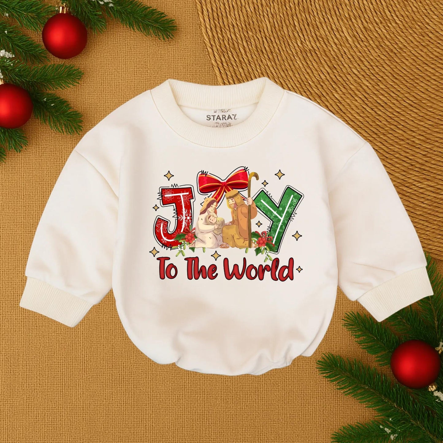 Christmas Joy To The World Sweatshirt Nativity Scene Christian Christmas Tee with Red Bow & Green Snowflake 'Y' Long Sleeve Joyful Gift