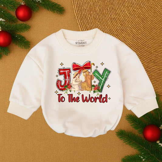 Christmas Joy To The World Sweatshirt Nativity Scene Christian Christmas Tee with Red Bow & Green Snowflake 'Y' Long Sleeve Joyful Gift