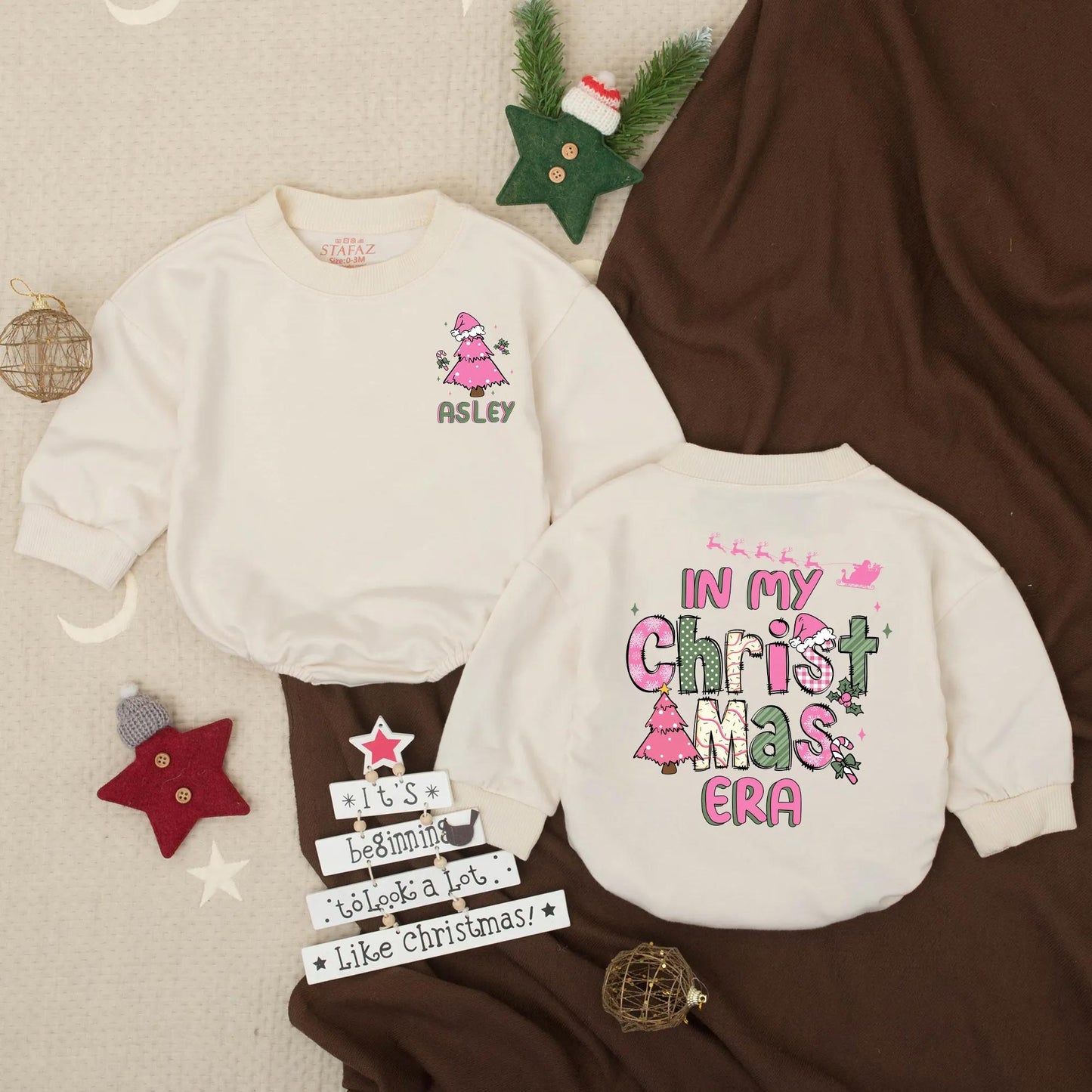 Custom Christmas Era Bubble Romper for Toddler Girl Asley Pink Green Tree Santa Hat Baby Holiday Outfit Festive Cartoon Style