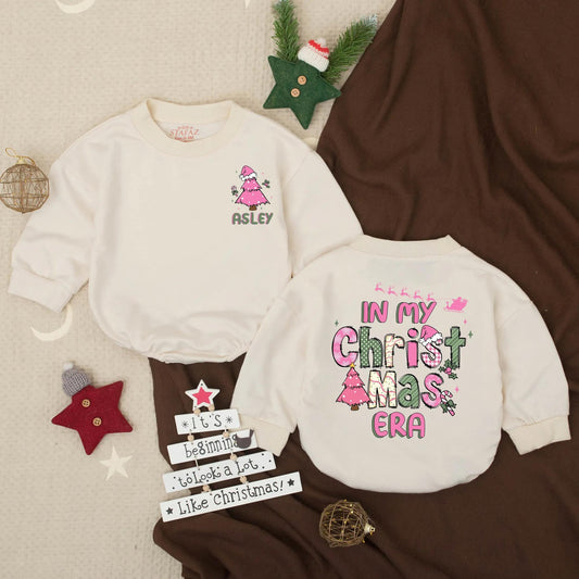 Custom Christmas Era Bubble Romper for Toddler Girl Asley Pink Green Tree Santa Hat Baby Holiday Outfit Festive Cartoon Style