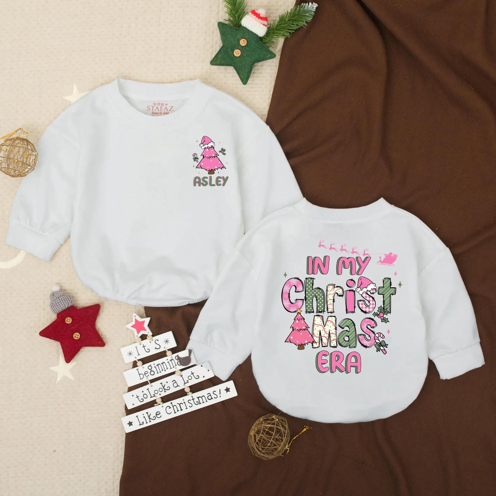 Custom Christmas Era Bubble Romper for Toddler Girl Asley Pink Green Tree Santa Hat Baby Holiday Outfit Festive Cartoon Style