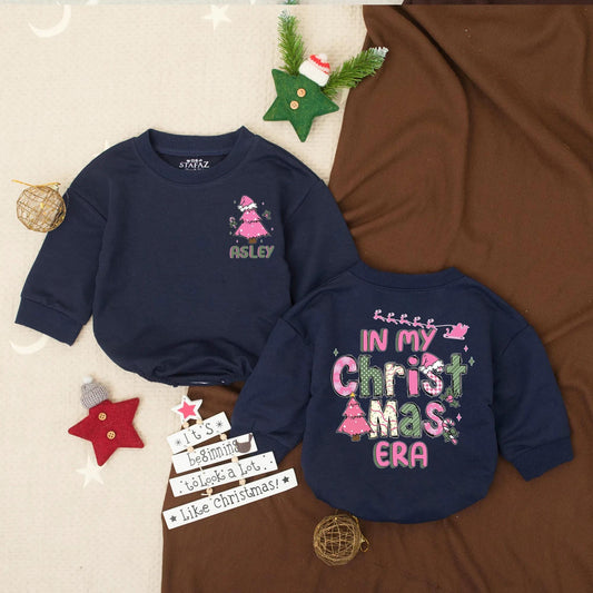 Custom Christmas Era Bubble Romper for Toddler Girl Asley Pink Green Tree Santa Hat Baby Holiday Outfit Festive Cartoon Style