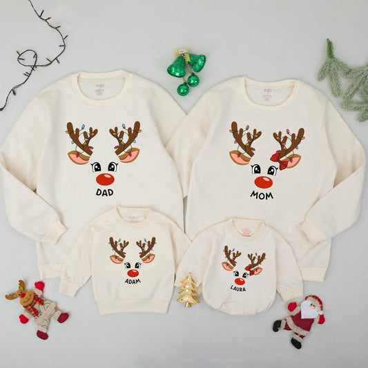 Matching Family Reindeer Christmas Sweatshirts, Personalized Xmas Sweaters, Cute Reindeer Face Design, Baby's 1st Christmas Gift