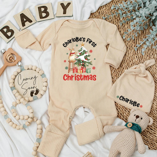 Charlotte's First Christmas Bodysuit Personalized Baby Outfit, Watercolor Rabbit Newborn Gift, Cute Holiday Bodysuit, Christmas Baby Announcement 138