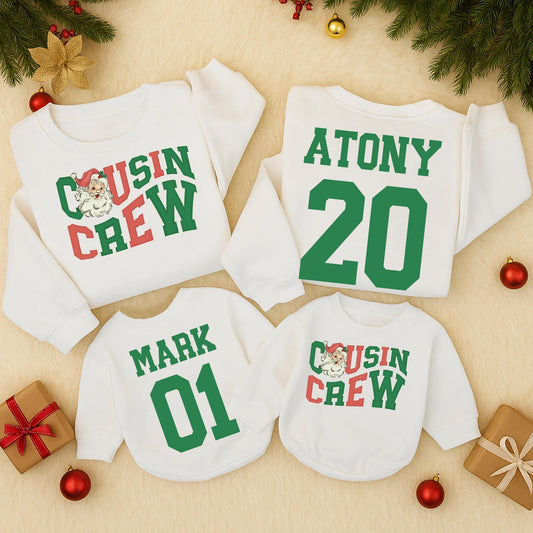 Matching Cousin Crew Christmas Sweatshirts Personalized Family Sweaters Retro Santa Design Holiday Party Outfits Baby Romper