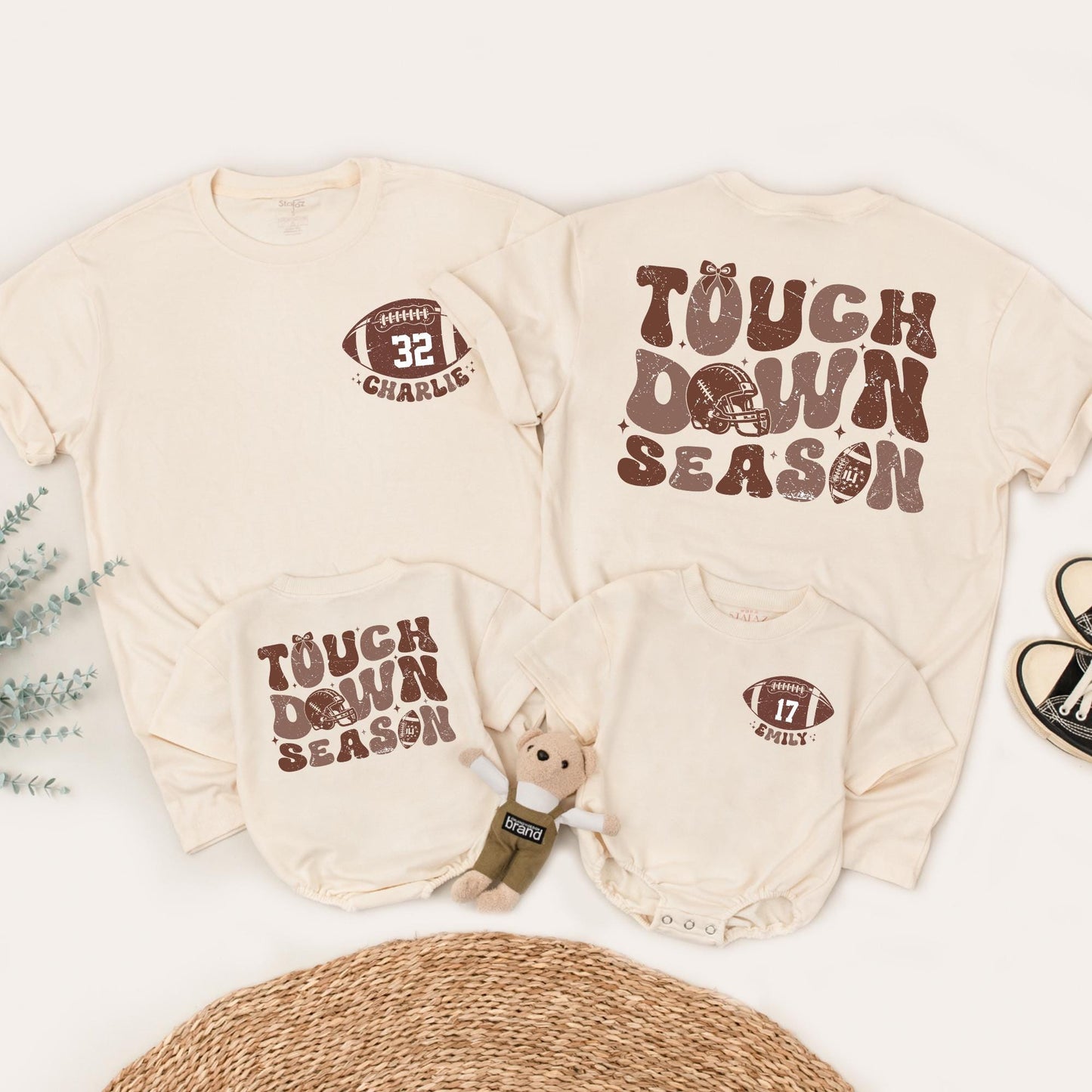 Touch Down Season Personalized Football Shirt, Retro Style, Custom Name & Number, Family Game Day Outfit, Distressed Vintage Football Tee, Warm Brown Tone
