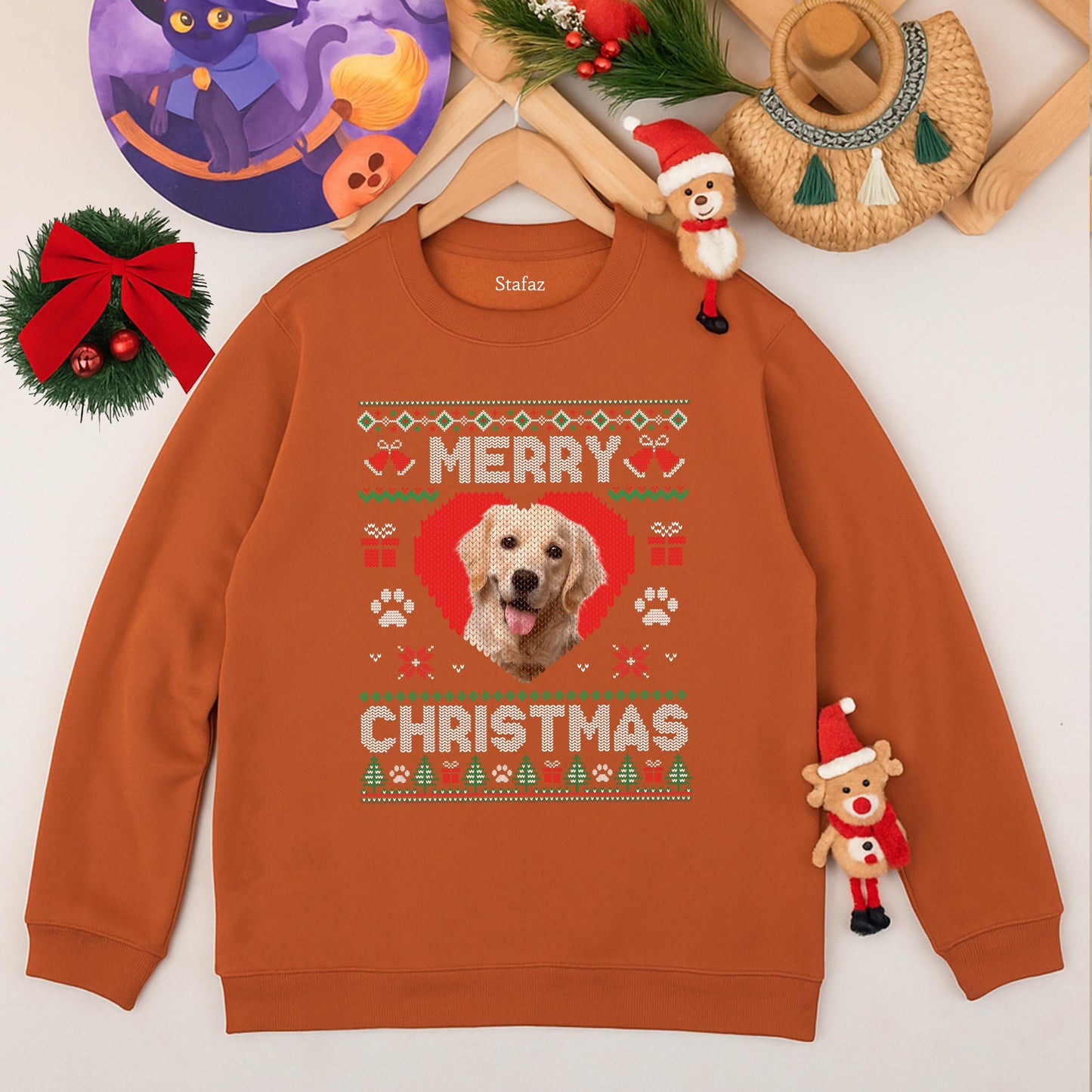 Custom Merry Christmas Dog Photo Ugly Sweater - Cute Holiday Gift, Red Heart Snowflake Design, Funny Xmas Cat Face