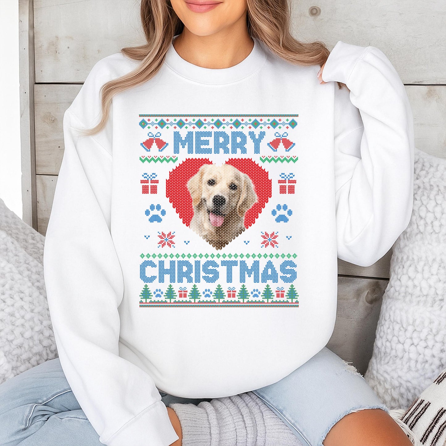 Custom Merry Christmas Dog Photo Ugly Sweater - Cute Holiday Gift, Red Heart Snowflake Design, Funny Xmas Cat Face