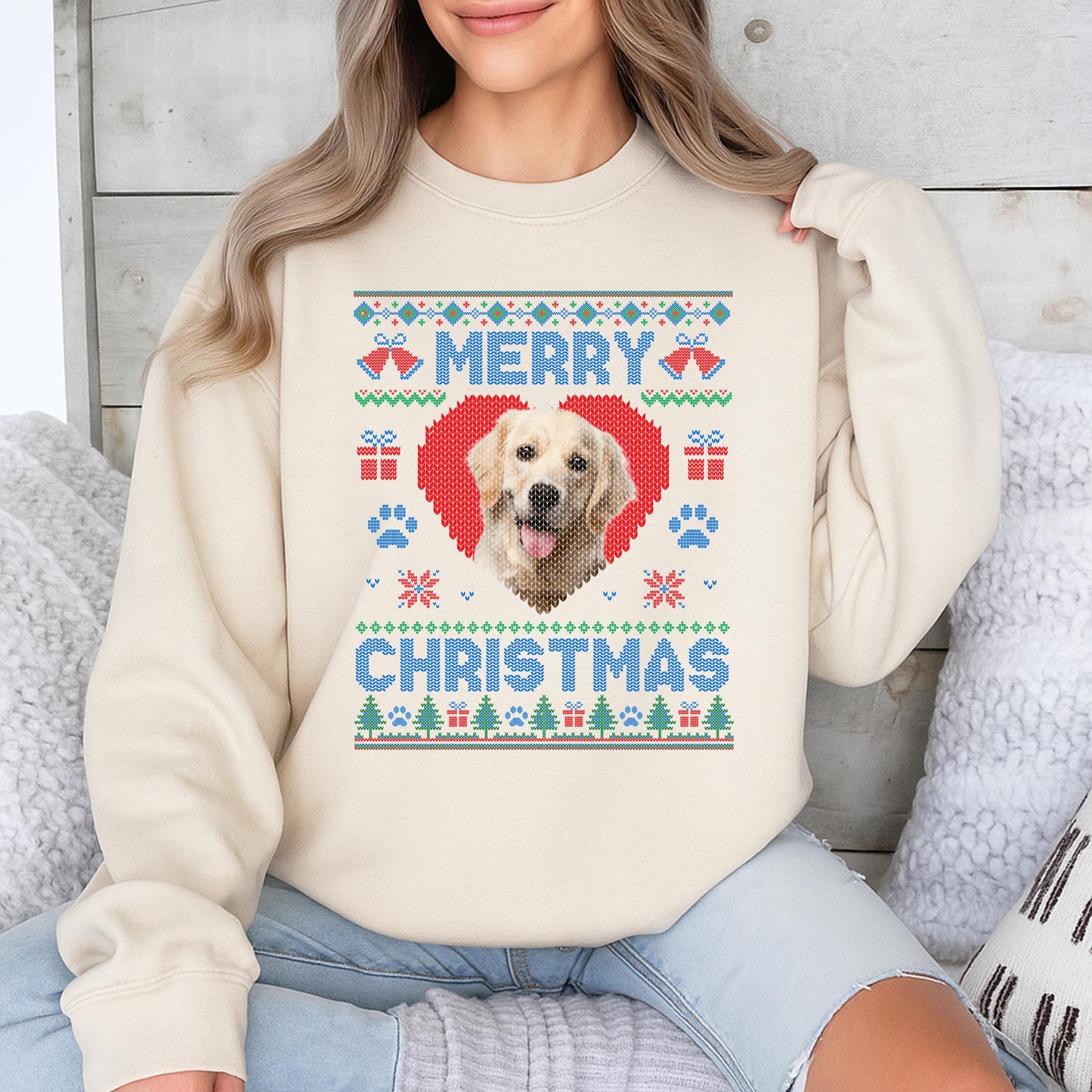 Custom Merry Christmas Dog Photo Ugly Sweater - Cute Holiday Gift, Red Heart Snowflake Design, Funny Xmas Cat Face