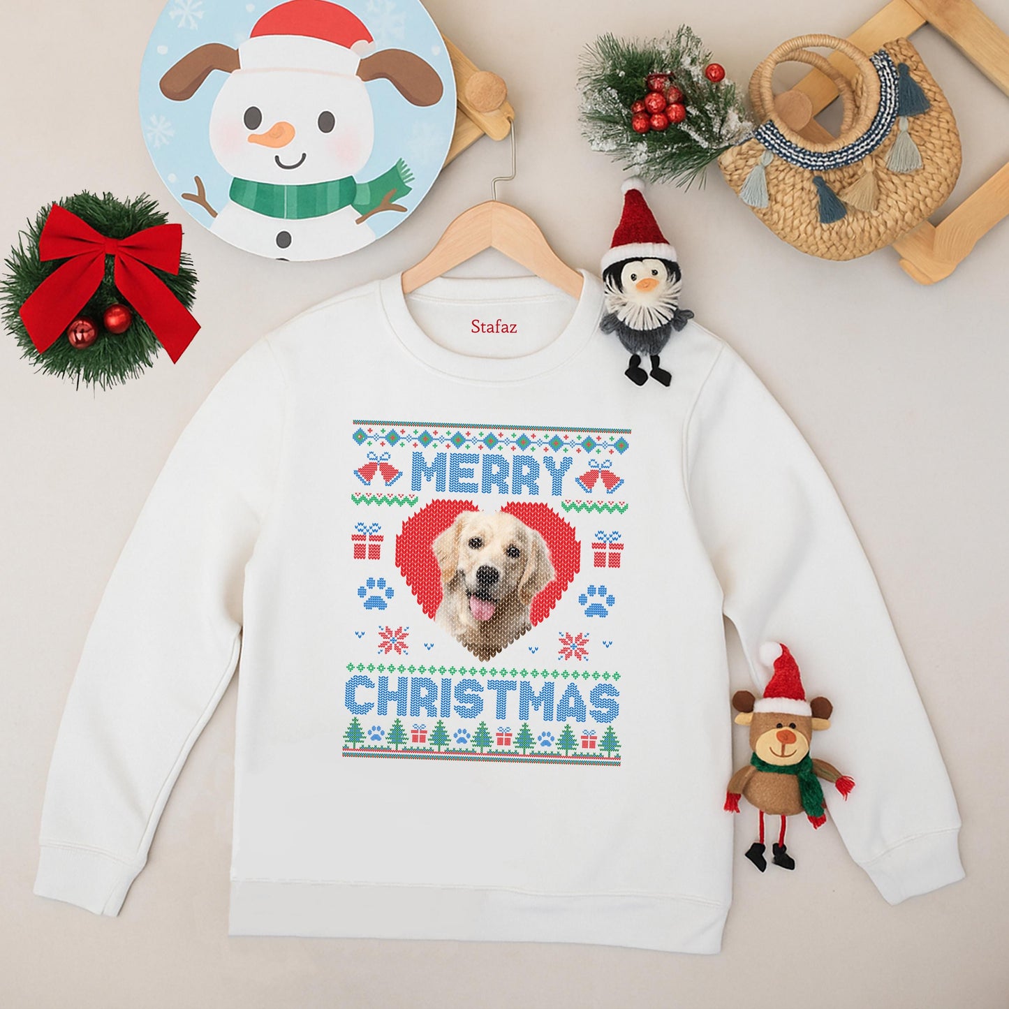 Custom Merry Christmas Dog Photo Ugly Sweater - Cute Holiday Gift, Red Heart Snowflake Design, Funny Xmas Cat Face