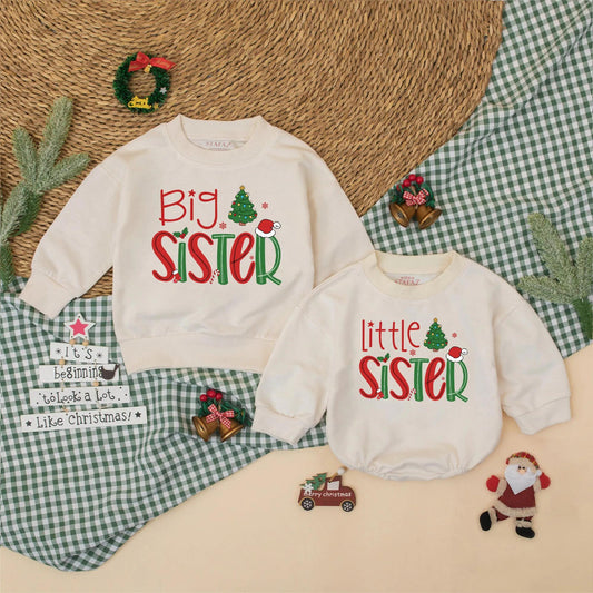 Big Brother Little Sister Matching Christmas Holiday Outfits Festive Red Green Tree Holly Sibling Sweatshirt Romper Family Photo Pregnancy Announcement