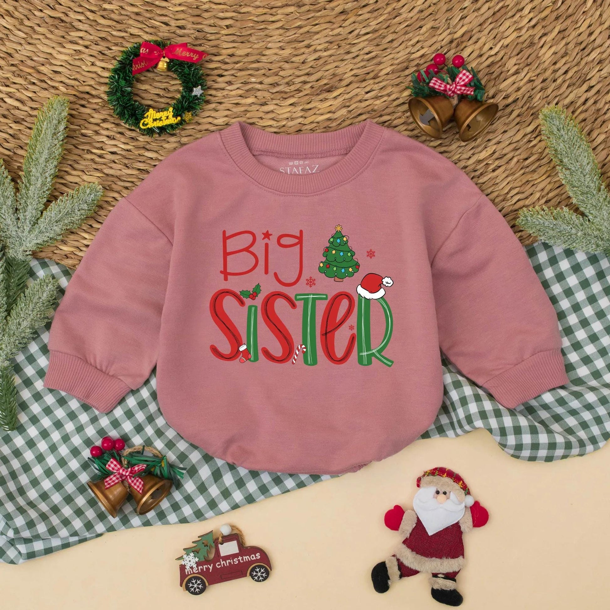 Big Brother Little Sister Matching Christmas Holiday Outfits Festive Red Green Tree Holly Sibling Sweatshirt Romper Family Photo Pregnancy Announcement