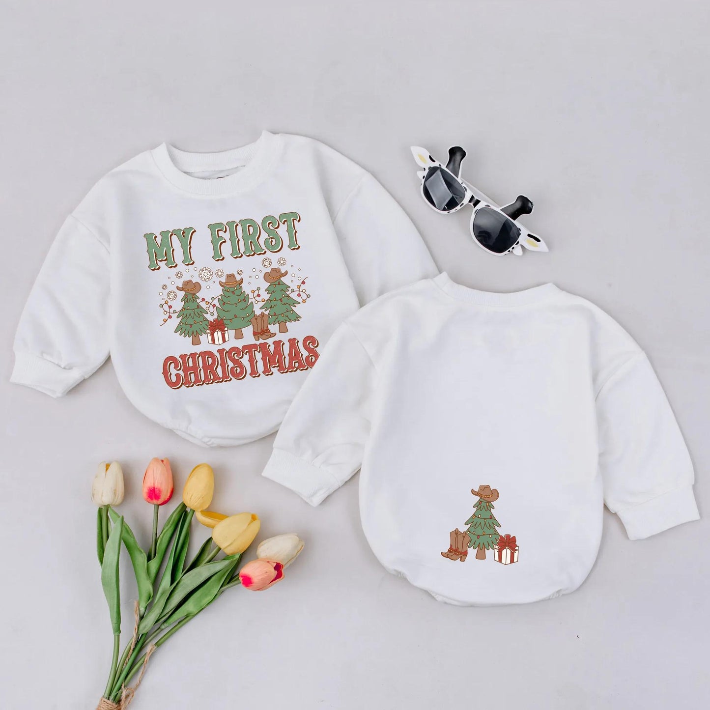 Western Christmas Bubble Romper Baby's First Christmas Outfit Retro Cowboy Holiday Gift Rustic Xmas Bodysuit Baby Announcement Clothes