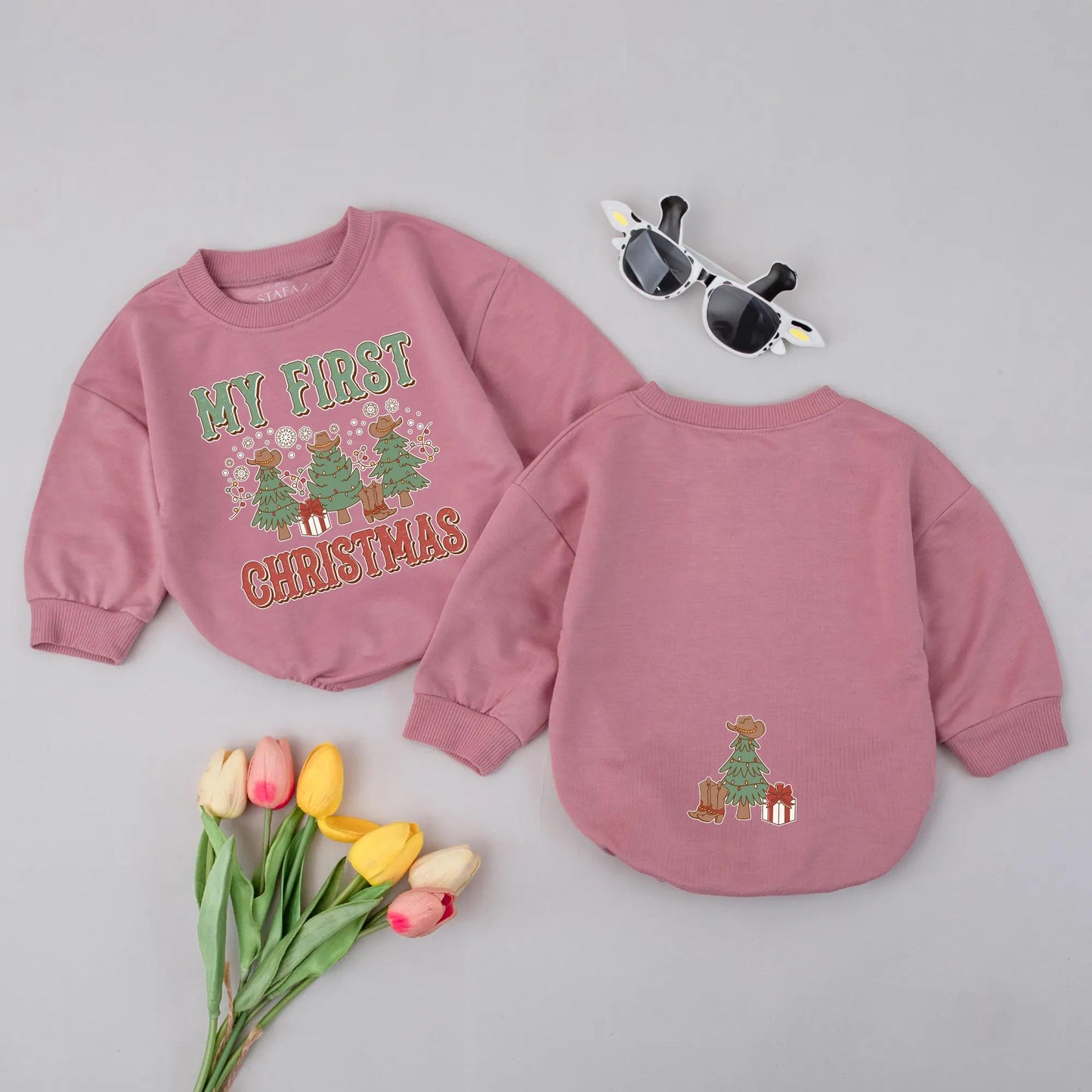 Western Christmas Bubble Romper Baby's First Christmas Outfit Retro Cowboy Holiday Gift Rustic Xmas Bodysuit Baby Announcement Clothes
