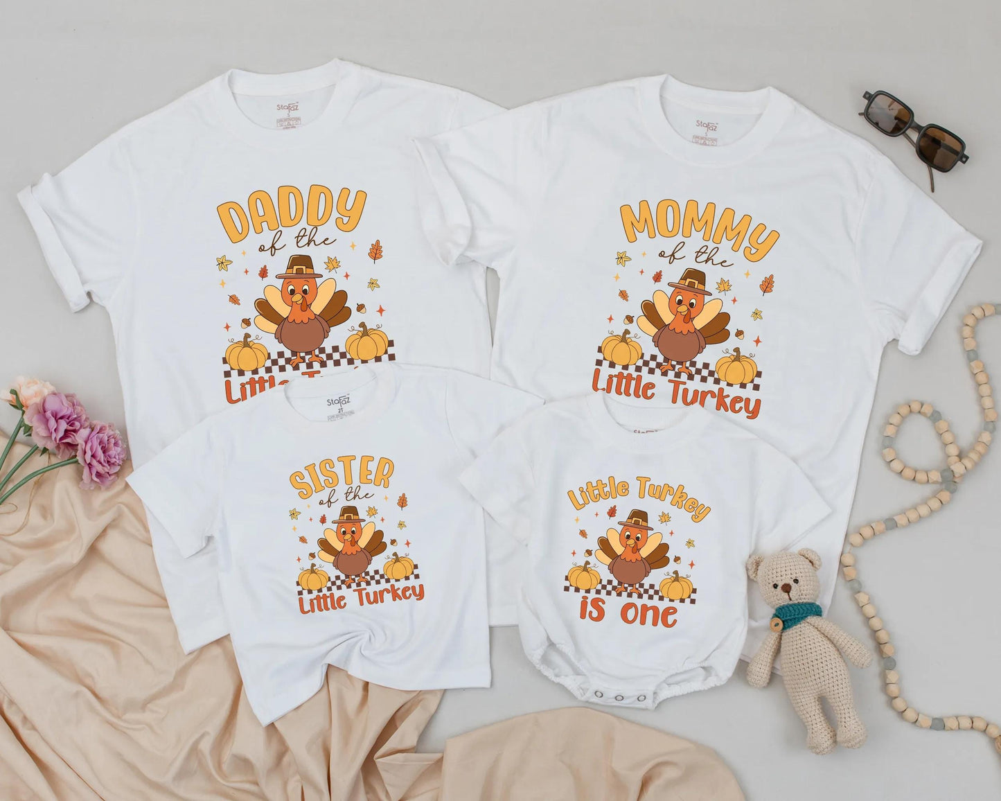 Warm Autumn Family Matching Thanksgiving Shirts Daddy Mommy Little Turkey 2025 Retro Fall Holiday Tees with Pumpkins and Leaves