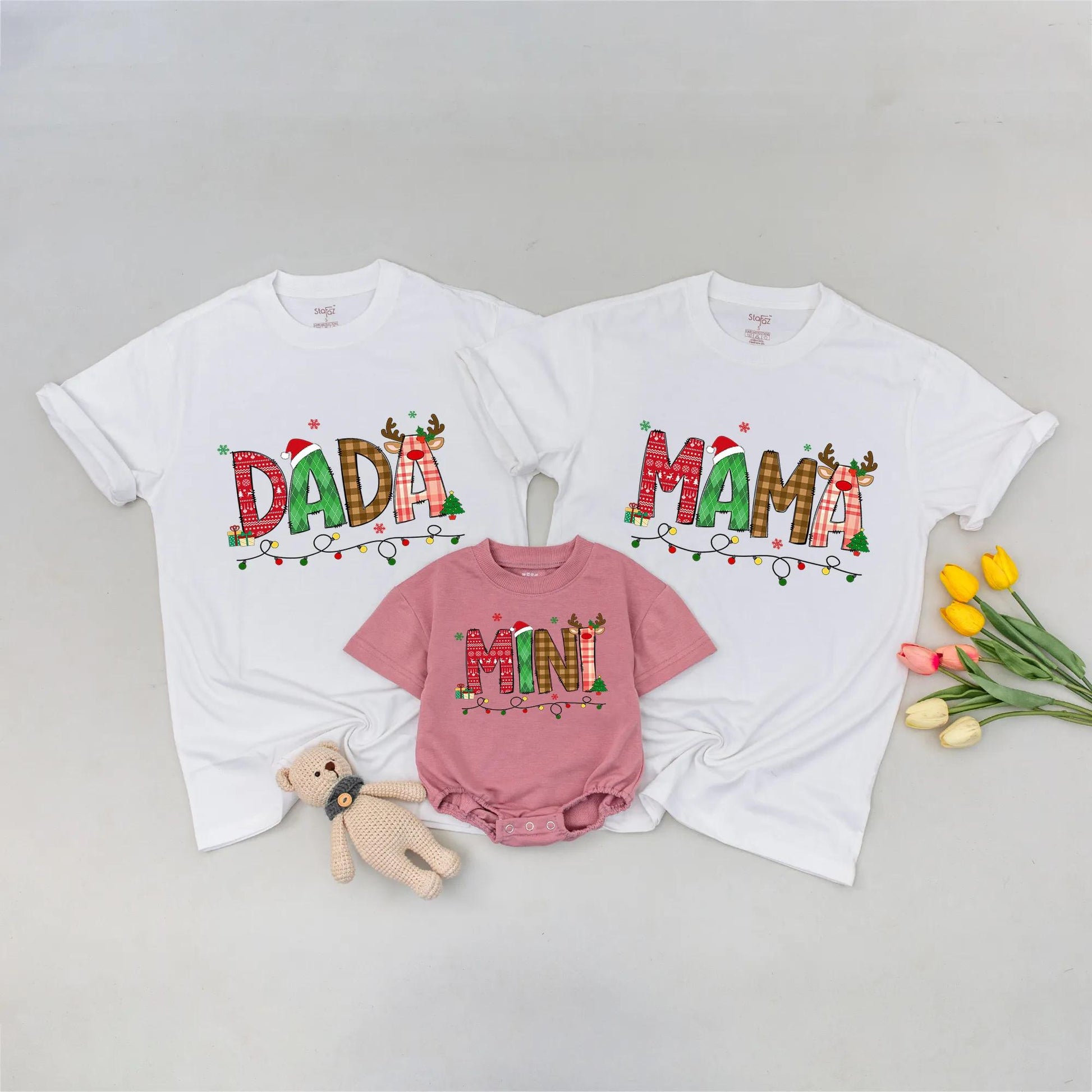 Dada Mama Mini Matching Christmas Family Shirts Festive Holiday Sweater Playful Red Green Plaid Snowflakes Tree Reindeer Santa Gift