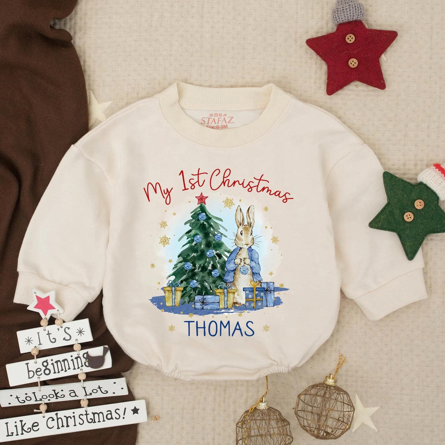 Personalized Thomas My 1st Christmas Bubble Romper Baby Boy Rabbit Outfit Infant Holiday Clothes Toddler Gift Gold Snowflake Accents