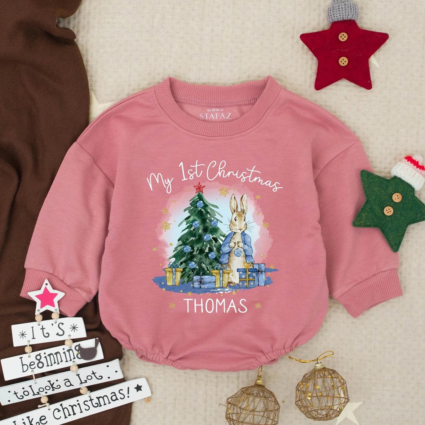 Personalized Thomas My 1st Christmas Bubble Romper Baby Boy Rabbit Outfit Infant Holiday Clothes Toddler Gift Gold Snowflake Accents