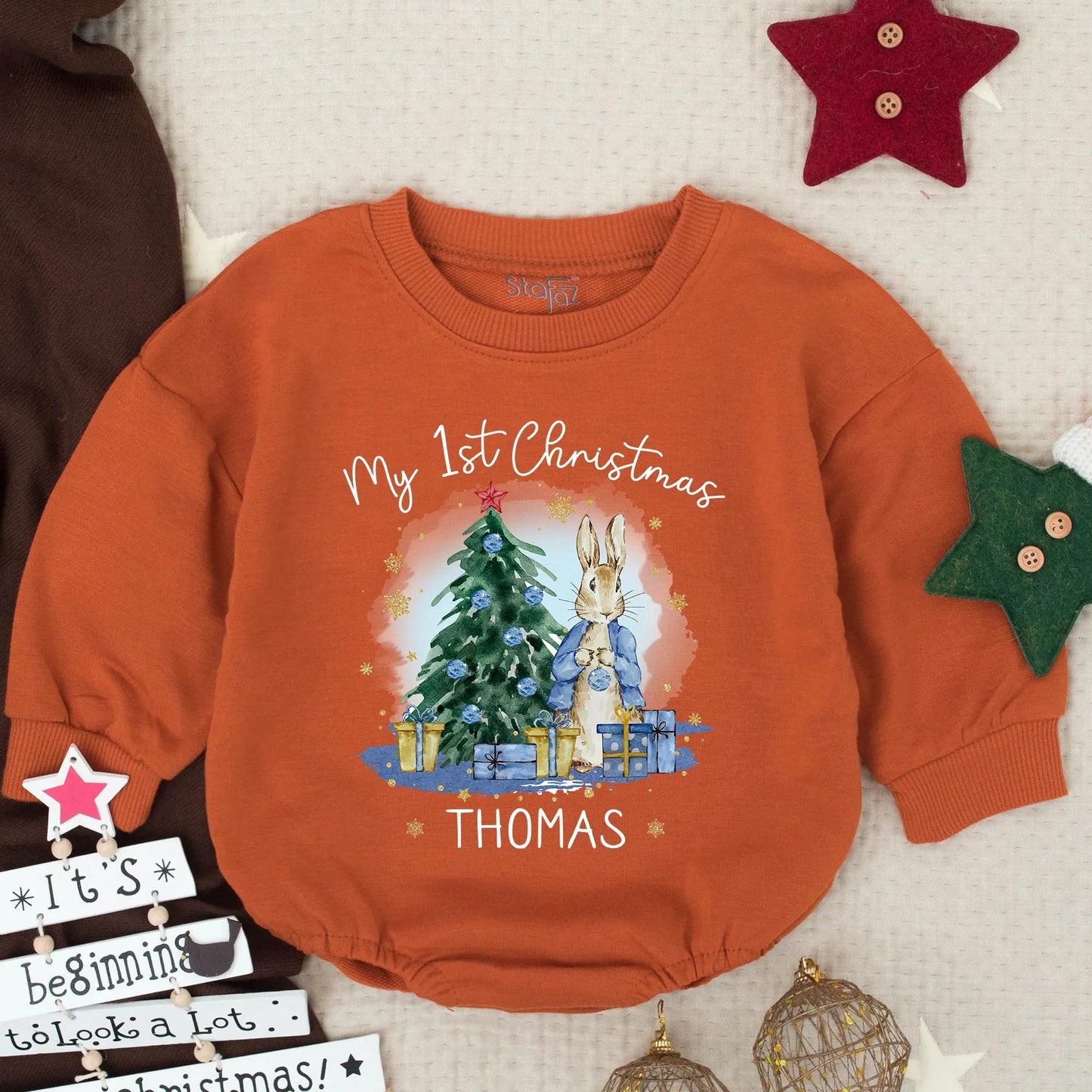 Personalized Thomas My 1st Christmas Bubble Romper Baby Boy Rabbit Outfit Infant Holiday Clothes Toddler Gift Gold Snowflake Accents