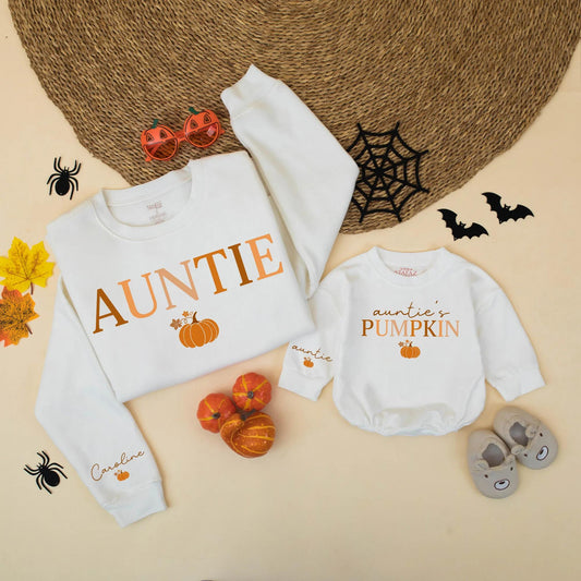 Auntie and Auntie's Pumpkin Matching Sweatshirts Cute Fall Family Outfit Orange Brown Pumpkin Graphic Autumn Gift for Auntie Caroline