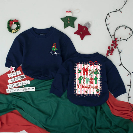 Custom Name Baby's First Christmas Bubble Romper for Holiday Parties with Festive My First Christmas Tree Design Colorful Playful Gift