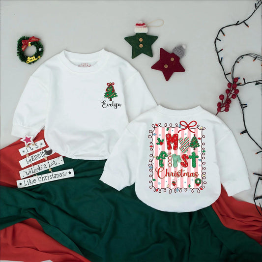 Custom Name Baby's First Christmas Bubble Romper for Holiday Parties with Festive My First Christmas Tree Design Colorful Playful Gift
