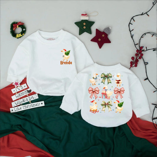 Brenda's First Christmas Goose Romper: Custom Holiday Girl Outfit with Funny Cartoon Geese, Red Bows, & Snowflakes, Baby Xmas Bodysuit Gift 136