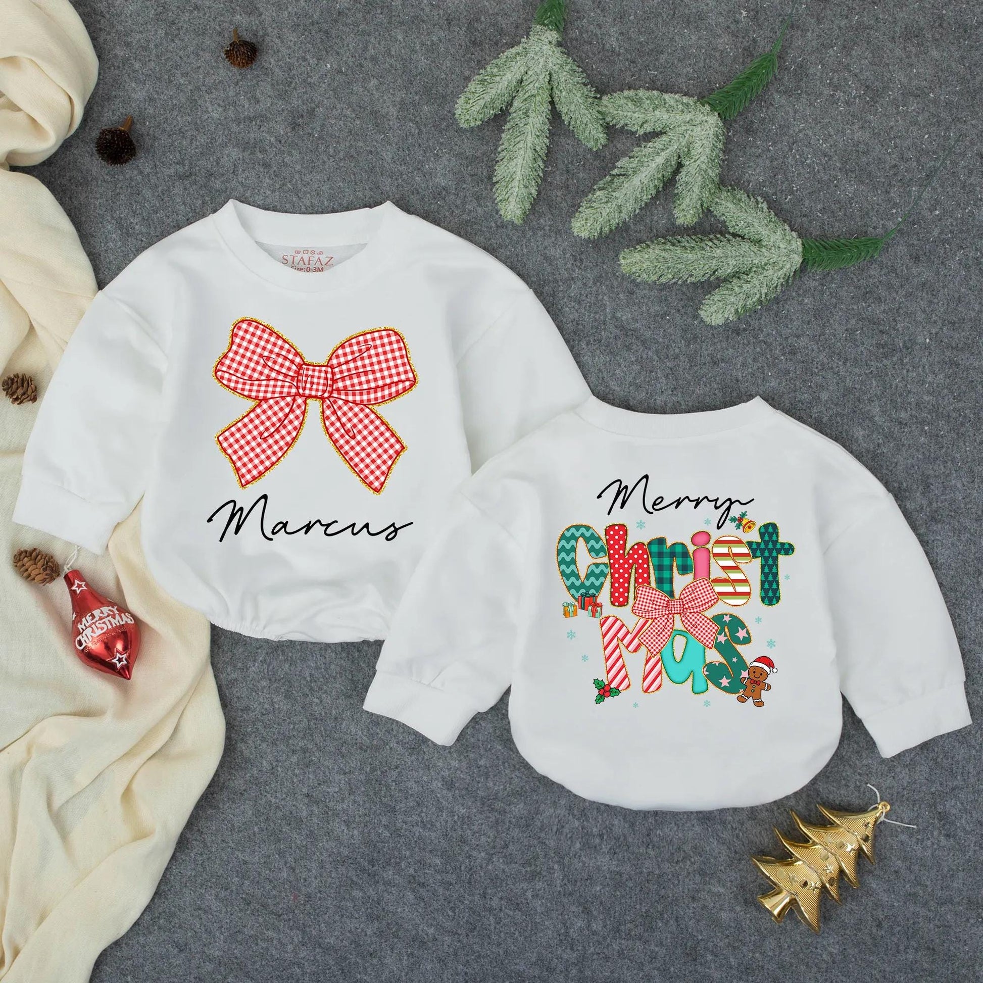 Custom Marcus Merry Christmas Bubble Romper with Gold Glitter Bow for Baby Girls First Christmas Outfit Toddler Cozy Holiday Clothes