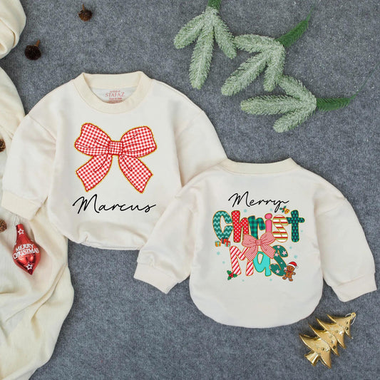 Custom Marcus Merry Christmas Bubble Romper with Gold Glitter Bow for Baby Girls First Christmas Outfit Toddler Cozy Holiday Clothes