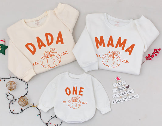Matching Family Pumpkin Sweatshirts: Dada, Mama, Sister, One - Cute Fall Outfits Est. 2025 - Baby Romper, Thanksgiving Sweaters, Cozy Autumn Style