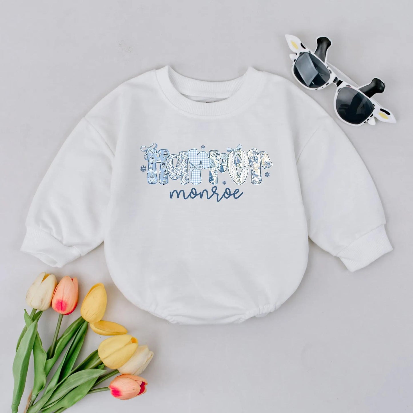 Personalized Preppy Christmas Romper Blue Hamper Name Snowflakes Baby's First Winter Bodysuit 1st Xmas Gift Monogrammed Toddler Outfit