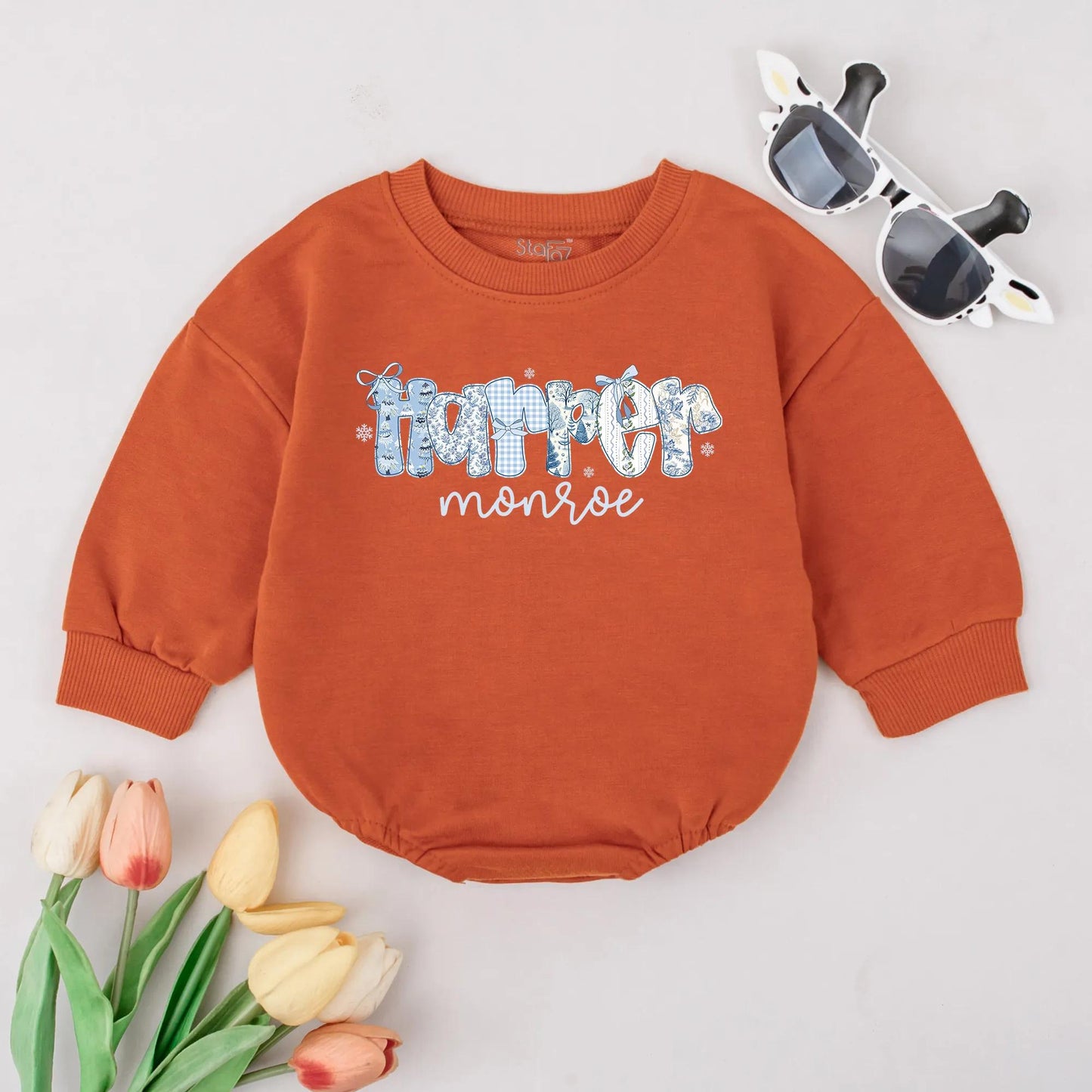 Personalized Preppy Christmas Romper Blue Hamper Name Snowflakes Baby's First Winter Bodysuit 1st Xmas Gift Monogrammed Toddler Outfit