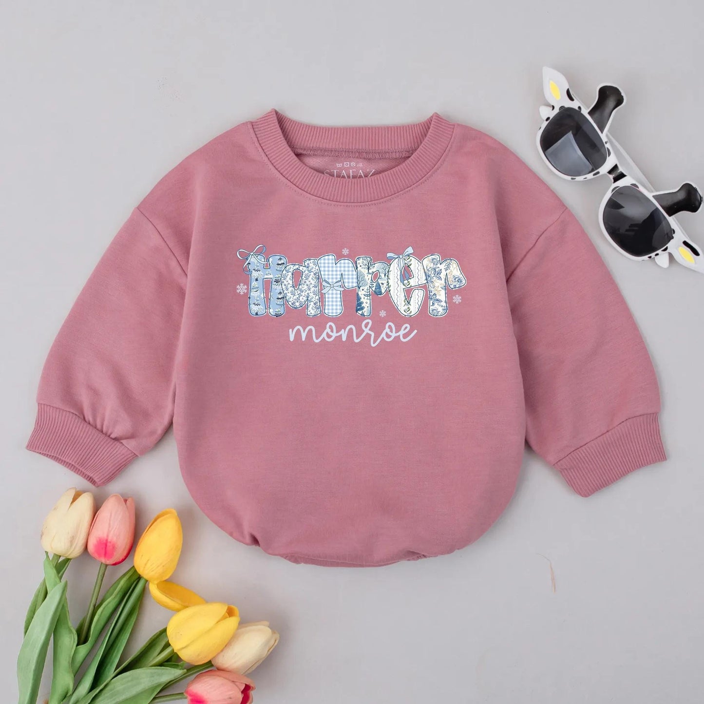 Personalized Preppy Christmas Romper Blue Hamper Name Snowflakes Baby's First Winter Bodysuit 1st Xmas Gift Monogrammed Toddler Outfit