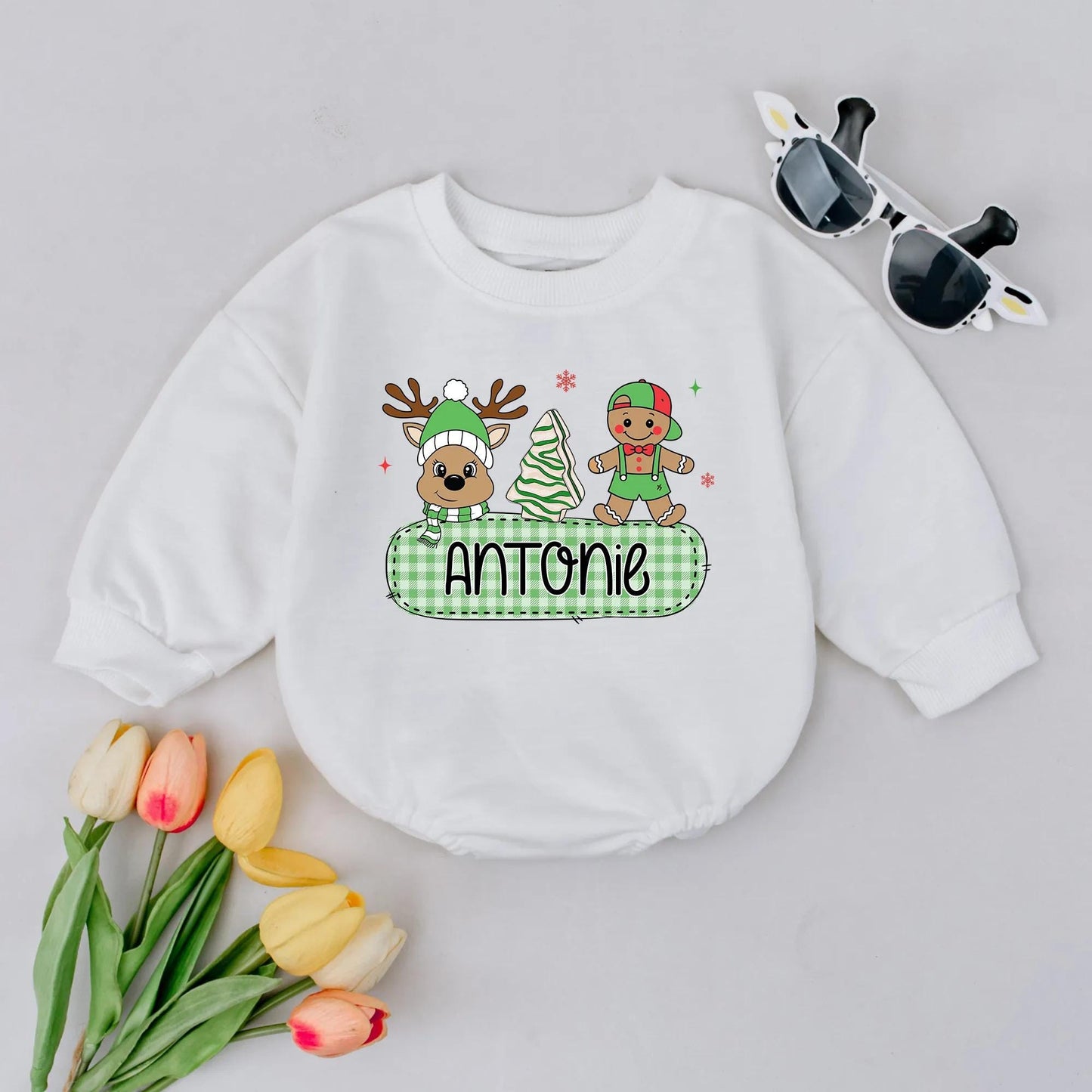 Caroline's Christmas Reindeer Romper, Baby Girl Custom Name Gingerbread Bodysuit, Infant Xmas Gift, Toddler Clothes