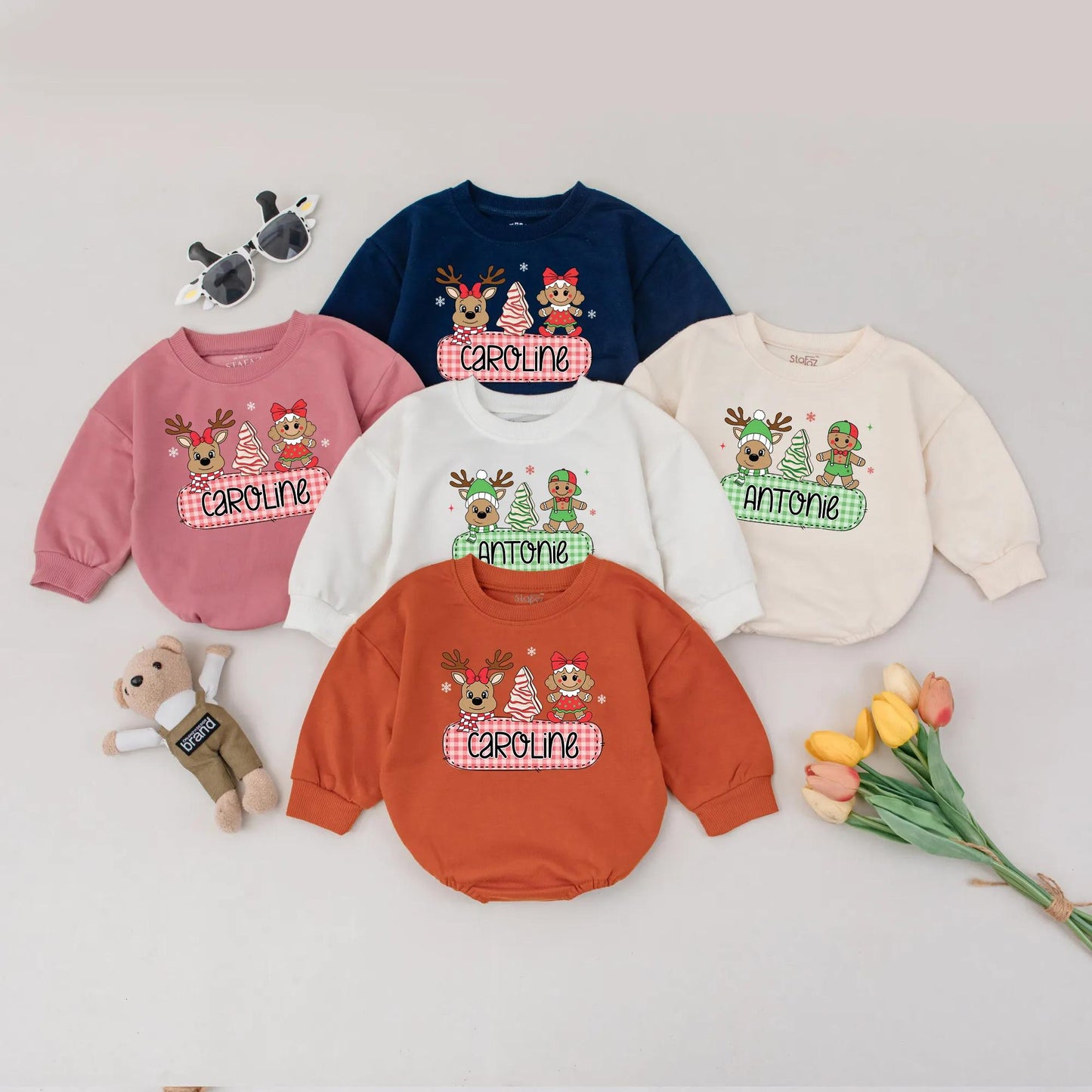 Caroline's Christmas Reindeer Romper, Baby Girl Custom Name Gingerbread Bodysuit, Infant Xmas Gift, Toddler Clothes