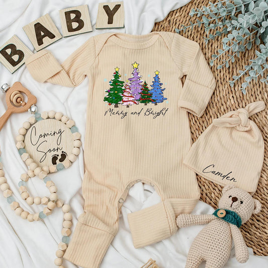 Custom Merry and Bright Christmas Tree Baby Bodysuit colorful green pink purple blue trees yellow stars ornaments newborn gender neutral gift