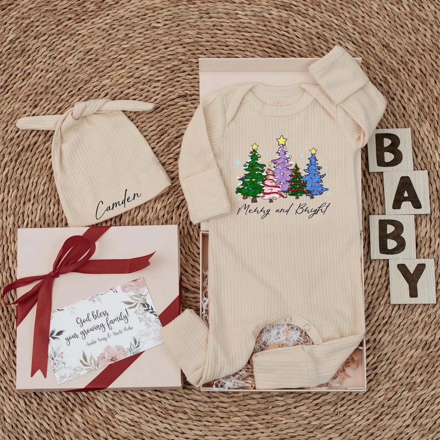 Custom Merry and Bright Christmas Tree Baby Bodysuit colorful green pink purple blue trees yellow stars ornaments newborn gender neutral gift